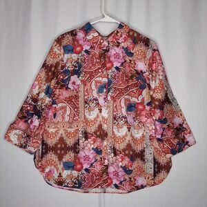 Chicos No Iron Button Shirt Womens 14 Red Pink Floral Paisley Cotton 3/4 Cuff